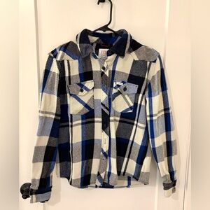 Topo Designs Blue and White Plaid Button Down Shirt